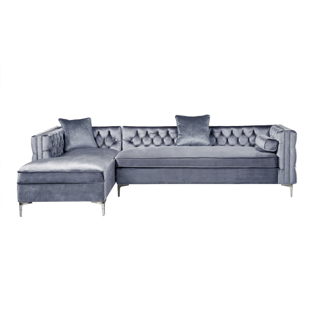 HomeRoots Gray Velvet Sectional Sofa with Chaise, Storage & Toss Pillows - Modern Luxury for Your Living Room 630404