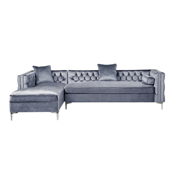 HomeRoots Gray Velvet Sectional Sofa with Chaise, Storage & Toss Pillows - Modern Luxury for Your Living Room 630404