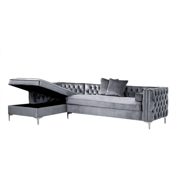 HomeRoots Gray Velvet Sectional Sofa with Chaise, Storage & Toss Pillows - Modern Luxury for Your Living Room 630404