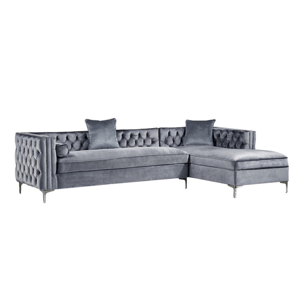 HomeRoots Gray Velvet Sectional Sofa with Chaise, Storage & Toss Pillows - Modern Luxury for Your Living Room 630404