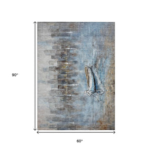 HomeRoots 5' Nautical Washable Indoor Outdoor Area Rug – Coastal Blue and Beige Design for Versatile Spaces 5' X 8' 630418