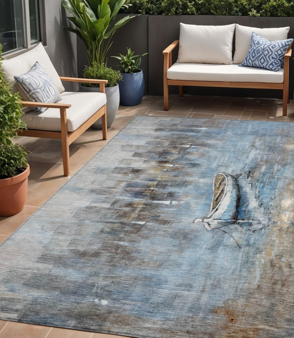 HomeRoots 5' Nautical Washable Indoor Outdoor Area Rug – Coastal Blue and Beige Design for Versatile Spaces 5' X 8' 630418