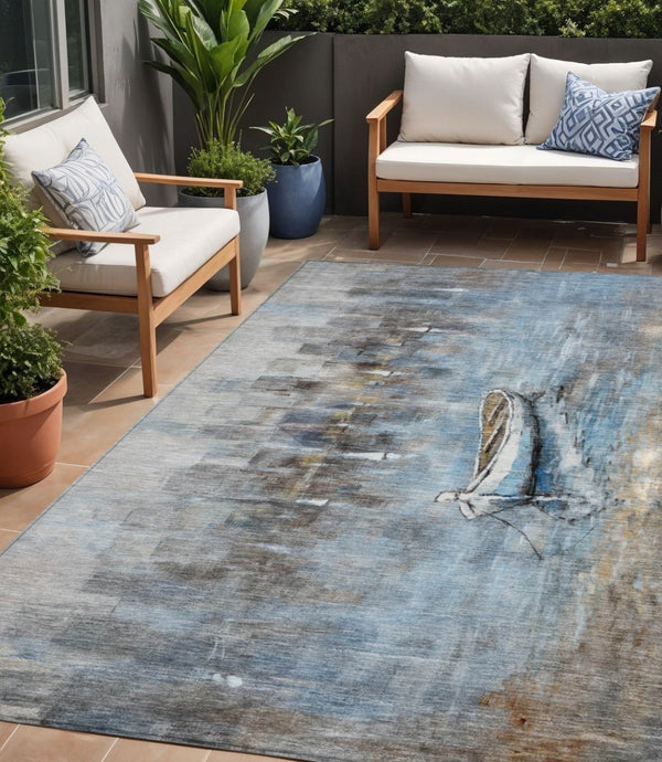 HomeRoots 5' Nautical Washable Indoor Outdoor Area Rug – Coastal Blue and Beige Design for Versatile Spaces 5' X 8' 630418