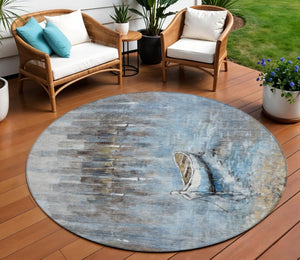 HomeRoots 5' Nautical Washable Indoor Outdoor Area Rug – Coastal Blue and Beige Design for Versatile Spaces 8' Round 630419