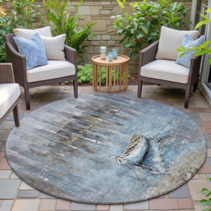 HomeRoots 5' Nautical Washable Indoor Outdoor Area Rug – Coastal Blue and Beige Design for Versatile Spaces 8' Round 630419