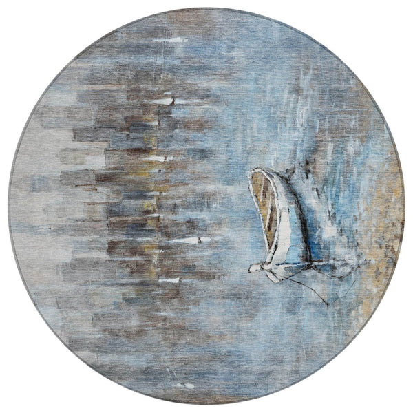 HomeRoots 5' Nautical Washable Indoor Outdoor Area Rug – Coastal Blue and Beige Design for Versatile Spaces 8' Round 630419
