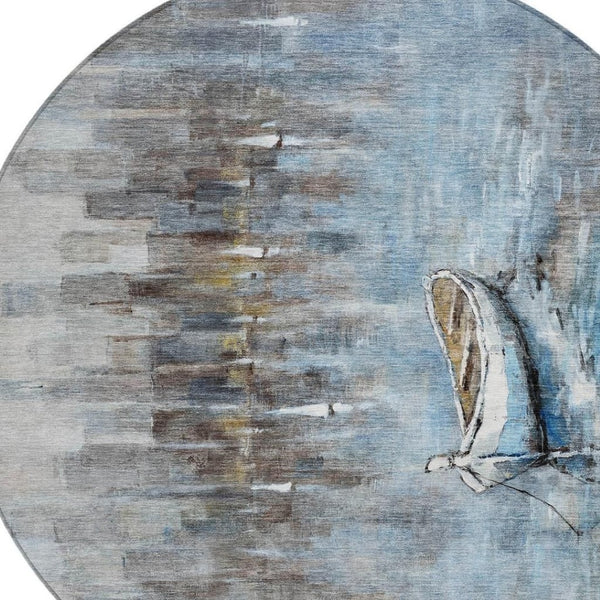 HomeRoots 5' Nautical Washable Indoor Outdoor Area Rug – Coastal Blue and Beige Design for Versatile Spaces 8' Round 630419