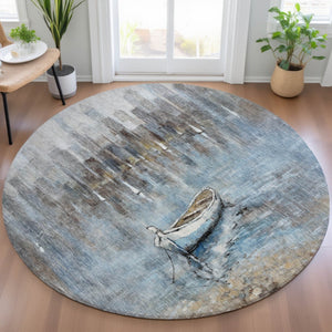 HomeRoots 5' Nautical Washable Indoor Outdoor Area Rug – Coastal Blue and Beige Design for Versatile Spaces 8' Round 630419