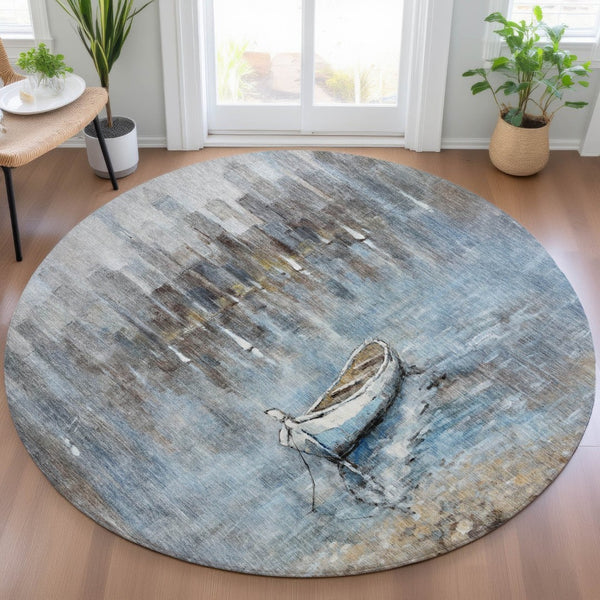 HomeRoots 5' Nautical Washable Indoor Outdoor Area Rug – Coastal Blue and Beige Design for Versatile Spaces 8' Round 630419