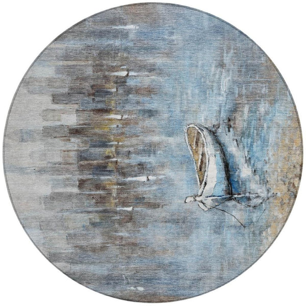 HomeRoots 5' Nautical Washable Indoor Outdoor Area Rug – Coastal Blue and Beige Design for Versatile Spaces 8' Round 630419