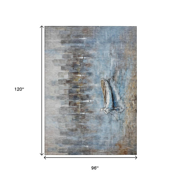 HomeRoots 5' Nautical Washable Indoor Outdoor Area Rug – Coastal Blue and Beige Design for Versatile Spaces 8' X 10' 630420