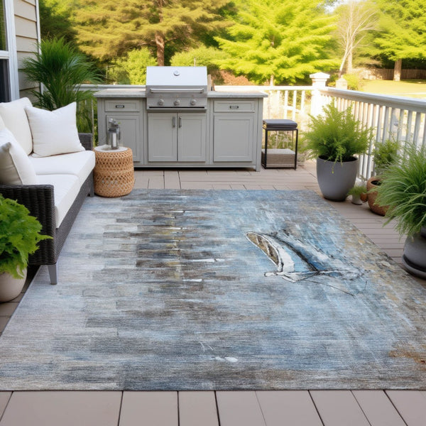 HomeRoots 5' Nautical Washable Indoor Outdoor Area Rug – Coastal Blue and Beige Design for Versatile Spaces 8' X 10' 630420