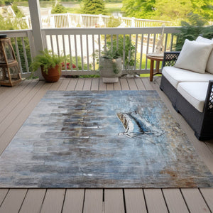 HomeRoots 5' Nautical Washable Indoor Outdoor Area Rug – Coastal Blue and Beige Design for Versatile Spaces 8' X 10' 630420