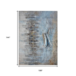 HomeRoots 5' Nautical Washable Indoor Outdoor Area Rug – Coastal Blue and Beige Design for Versatile Spaces 9' X 12' 630421