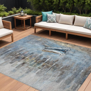 HomeRoots 5' Nautical Washable Indoor Outdoor Area Rug – Coastal Blue and Beige Design for Versatile Spaces 9' X 12' 630421