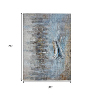 HomeRoots 5' Nautical Washable Indoor Outdoor Area Rug – Coastal Blue and Beige Design for Versatile Spaces 10' X 14' 630422