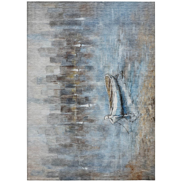 HomeRoots 5' Nautical Washable Indoor Outdoor Area Rug – Coastal Blue and Beige Design for Versatile Spaces 10' X 14' 630422