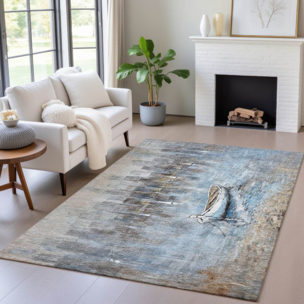 HomeRoots 5' Nautical Washable Indoor Outdoor Area Rug – Coastal Blue and Beige Design for Versatile Spaces 10' X 14' 630422
