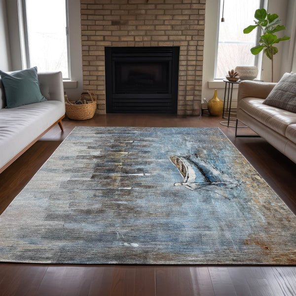 HomeRoots 5' Nautical Washable Indoor Outdoor Area Rug – Coastal Blue and Beige Design for Versatile Spaces 10' X 14' 630422