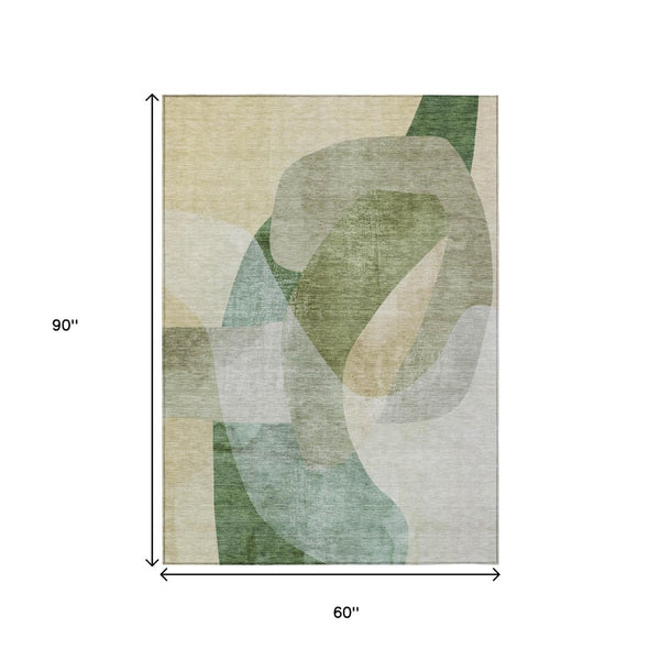 HomeRoots 5' Artichoke Green and Taupe Abstract Washable Area Rug for Stylish Indoor and Outdoor Spaces 5' X 8' 630424