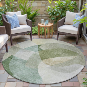HomeRoots 5' Artichoke Green and Taupe Abstract Washable Area Rug for Stylish Indoor and Outdoor Spaces 8' Round 630425