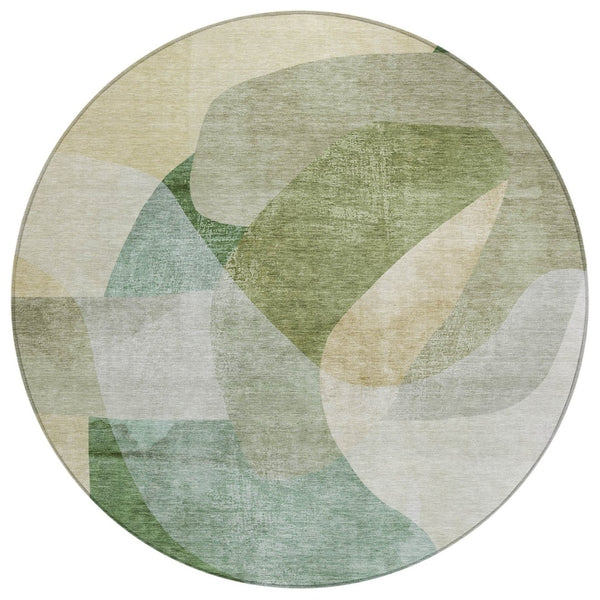 HomeRoots 5' Artichoke Green and Taupe Abstract Washable Area Rug for Stylish Indoor and Outdoor Spaces 8' Round 630425