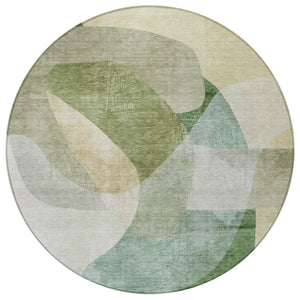 HomeRoots 5' Artichoke Green and Taupe Abstract Washable Area Rug for Stylish Indoor and Outdoor Spaces 8' Round 630425