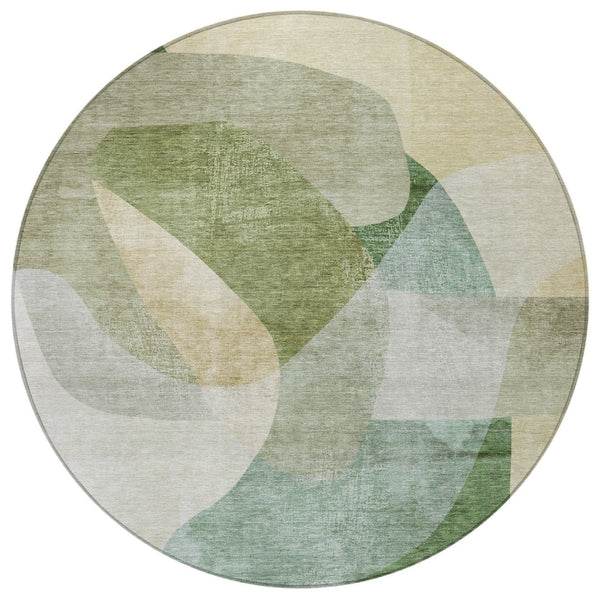 HomeRoots 5' Artichoke Green and Taupe Abstract Washable Area Rug for Stylish Indoor and Outdoor Spaces 8' Round 630425