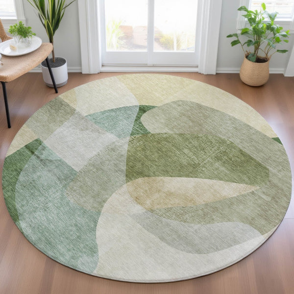 HomeRoots 5' Artichoke Green and Taupe Abstract Washable Area Rug for Stylish Indoor and Outdoor Spaces 8' Round 630425