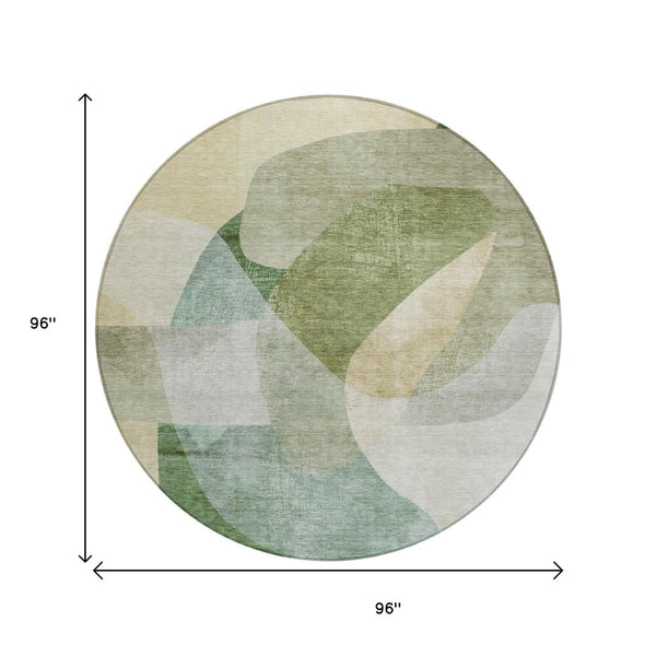HomeRoots 5' Artichoke Green and Taupe Abstract Washable Area Rug for Stylish Indoor and Outdoor Spaces 8' Round 630425