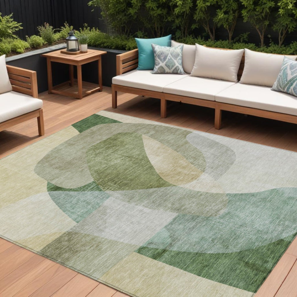 HomeRoots 5' Artichoke Green and Taupe Abstract Washable Area Rug for Stylish Indoor and Outdoor Spaces 8' X 10' 630426