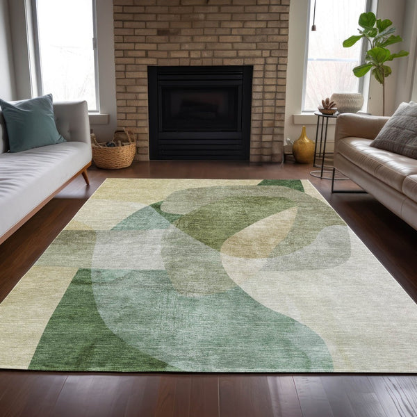 HomeRoots 5' Artichoke Green and Taupe Abstract Washable Area Rug for Stylish Indoor and Outdoor Spaces 8' X 10' 630426
