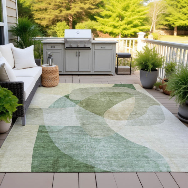 HomeRoots 5' Artichoke Green and Taupe Abstract Washable Area Rug for Stylish Indoor and Outdoor Spaces 9' X 12' 630427