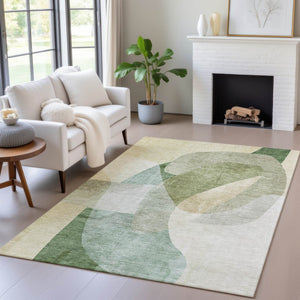 HomeRoots 5' Artichoke Green and Taupe Abstract Washable Area Rug for Stylish Indoor and Outdoor Spaces 9' X 12' 630427