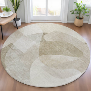 HomeRoots 5' Stylish Beige and Taupe Abstract Area Rug - Durable, Washable, Perfect for Indoor and Outdoor Use 8' Round 630431
