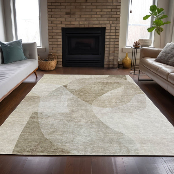 HomeRoots 5' Stylish Beige and Taupe Abstract Area Rug - Durable, Washable, Perfect for Indoor and Outdoor Use 9' X 12' 630433