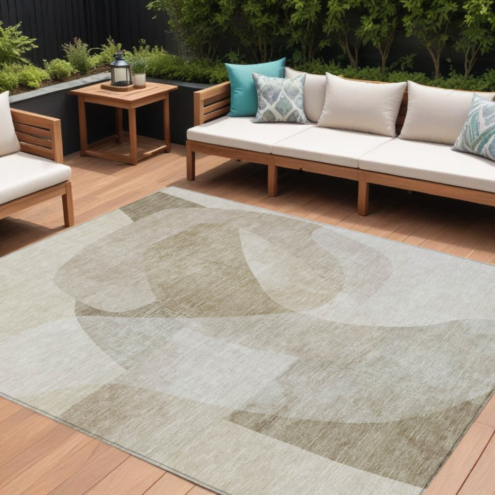 HomeRoots 5' Stylish Beige and Taupe Abstract Area Rug - Durable, Washable, Perfect for Indoor and Outdoor Use 10' X 14' 630434