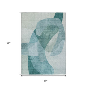 HomeRoots 5' Teal Blue and Ivory Abstract Area Rug – Washable, Stain Resistant for Indoor and Outdoor Use 5' X 8' 630436