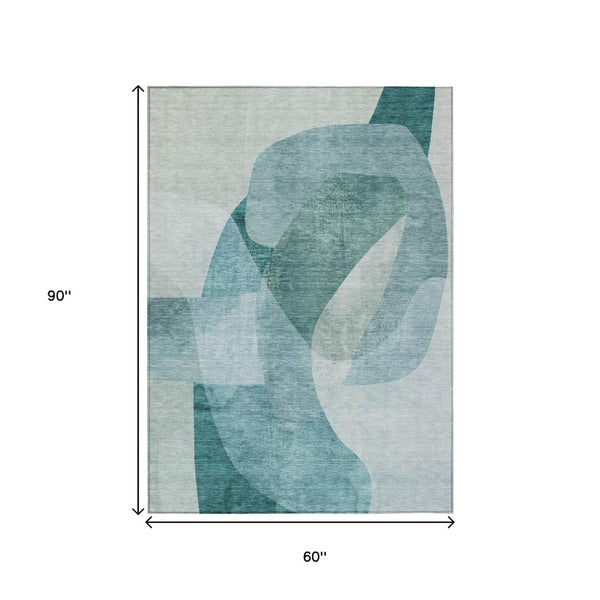 HomeRoots 5' Teal Blue and Ivory Abstract Area Rug – Washable, Stain Resistant for Indoor and Outdoor Use 5' X 8' 630436