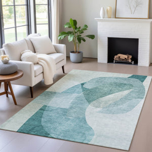 HomeRoots 5' Teal Blue and Ivory Abstract Area Rug – Washable, Stain Resistant for Indoor and Outdoor Use 5' X 8' 630436