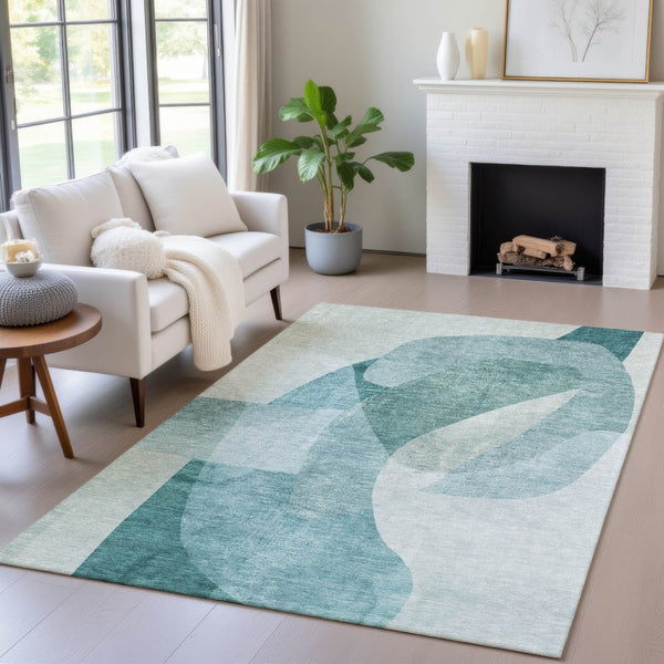 HomeRoots 5' Teal Blue and Ivory Abstract Area Rug – Washable, Stain Resistant for Indoor and Outdoor Use 5' X 8' 630436