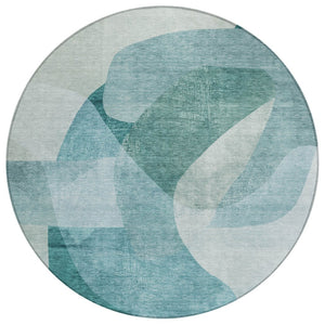 HomeRoots 5' Teal Blue and Ivory Abstract Area Rug – Washable, Stain Resistant for Indoor and Outdoor Use 8' Round 630437
