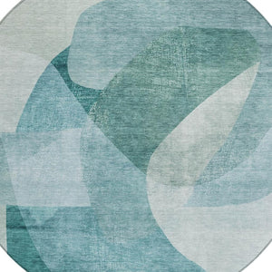 HomeRoots 5' Teal Blue and Ivory Abstract Area Rug – Washable, Stain Resistant for Indoor and Outdoor Use 8' Round 630437