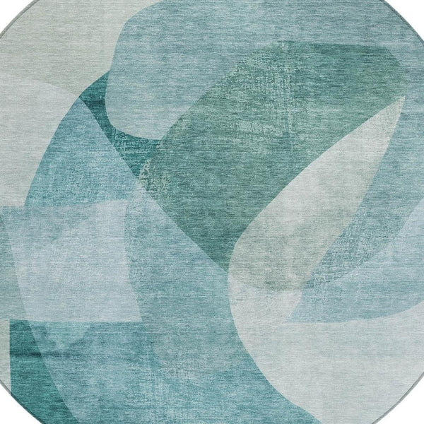 HomeRoots 5' Teal Blue and Ivory Abstract Area Rug – Washable, Stain Resistant for Indoor and Outdoor Use 8' Round 630437