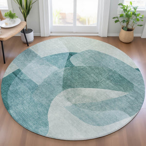 HomeRoots 5' Teal Blue and Ivory Abstract Area Rug – Washable, Stain Resistant for Indoor and Outdoor Use 8' Round 630437