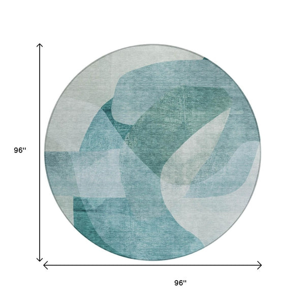 HomeRoots 5' Teal Blue and Ivory Abstract Area Rug – Washable, Stain Resistant for Indoor and Outdoor Use 8' Round 630437
