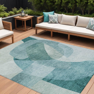 HomeRoots 5' Teal Blue and Ivory Abstract Area Rug – Washable, Stain Resistant for Indoor and Outdoor Use 8' X 10' 630438