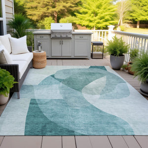 HomeRoots 5' Teal Blue and Ivory Abstract Area Rug – Washable, Stain Resistant for Indoor and Outdoor Use 9' X 12' 630439