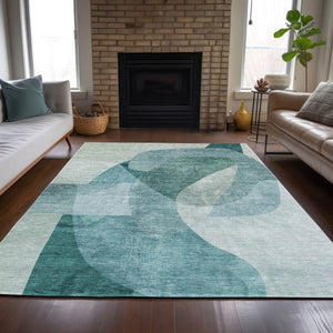 HomeRoots 5' Teal Blue and Ivory Abstract Area Rug – Washable, Stain Resistant for Indoor and Outdoor Use 9' X 12' 630439