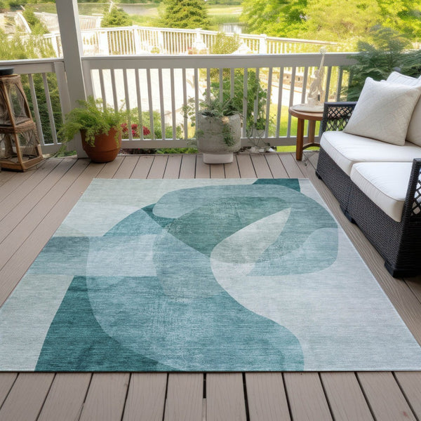 HomeRoots 5' Teal Blue and Ivory Abstract Area Rug – Washable, Stain Resistant for Indoor and Outdoor Use 9' X 12' 630439